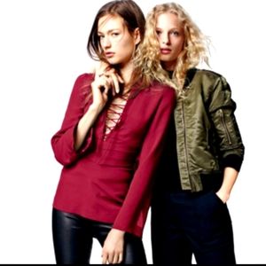 IRO Luana lace up Crepe wine top long sleeve Large